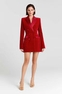 Exquisite Deep Red Double-Breasted Velvet Blazer Mini Dress