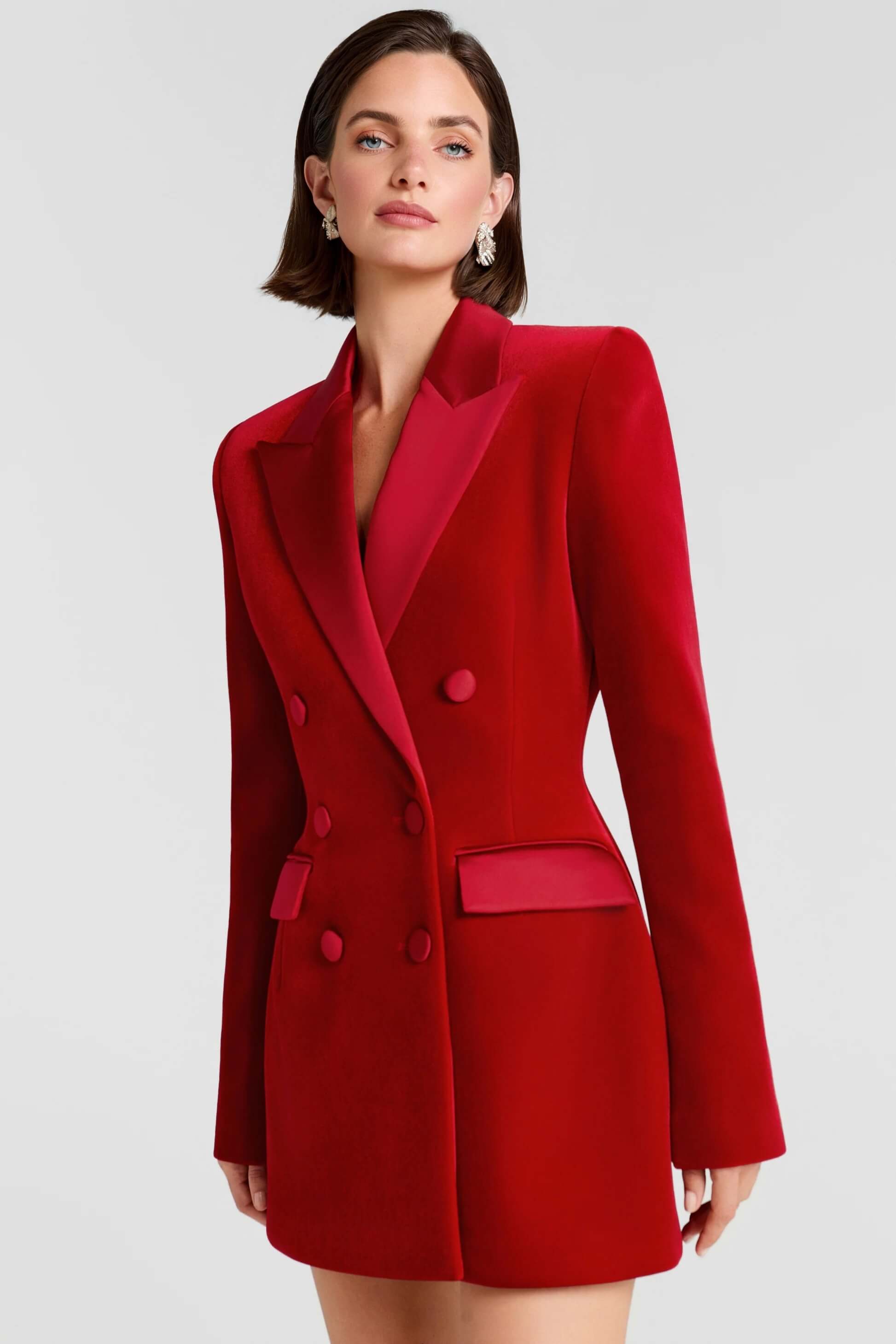 Exquisite Deep Red Double-Breasted Velvet Blazer Mini Dress