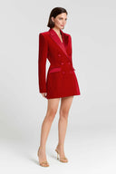 Exquisite Deep Red Double-Breasted Velvet Blazer Mini Dress