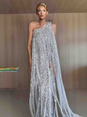 Elegant One-shoulder Neckline Tassel Sequin Maxi Dress