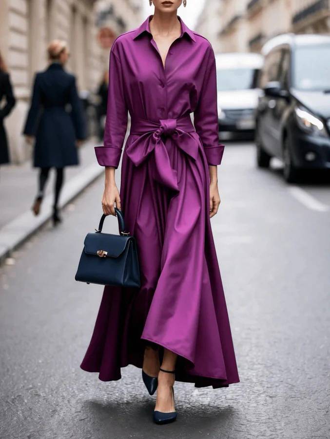 Minimalist Lace-up Design Long Sleeve Maxi Dress