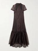 Casual Lace-up Neck Layered Organza Maxi Dress