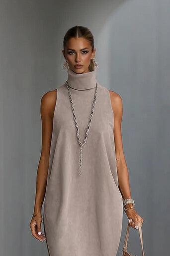 Elegant Faux Suede Fringe Hem Sleeveless Turtleneck Midi Dress