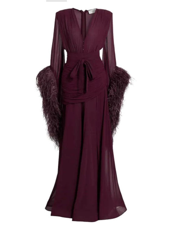 Feather Design Front Slit Maxi Dress
