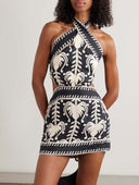 Exquisite Backless Printed Woven Mini Dress