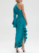 Elegant Satin One-shoulder Ruffled Asymmetrical Maxi Dress