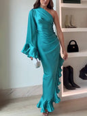 Elegant Satin One-shoulder Ruffled Asymmetrical Maxi Dress