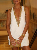 Exquisite Sequin Colorblock Trim V-neck Sleeveless A-line Mini Dress