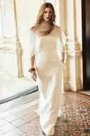 Elegant Sheer Cape Overlay Satin Maxi Dress