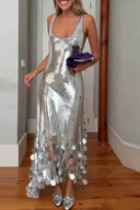 Exquisite Party Tips Sequin Irregular Round Tassels Hem Back Cutout Tank Maxi Dress
