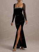 Elegant Rhinestone Trim Velvet Slit Maxi Dress