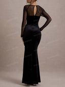 Elegant Rhinestone Trim Velvet Slit Maxi Dress
