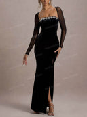 Elegant Rhinestone Trim Velvet Slit Maxi Dress