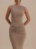 Elegant Sleeveless Shimmery Ruched Bodycon Maxi Dress