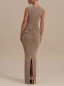 Elegant Sleeveless Shimmery Ruched Bodycon Maxi Dress