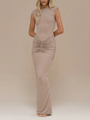 Elegant Sleeveless Shimmery Ruched Bodycon Maxi Dress
