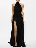 Elegant Halter Neck Ruffled Mesh Maxi Dress