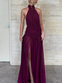 Elegant Halter Neck Ruffled Mesh Maxi Dress