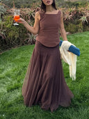 Elegant Square Neck Brown Faux Two-piece Maxi Dress