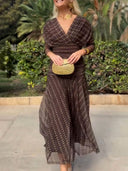 Elegant Retro Bohemian Style V-neck Mesh Print Maxi Dress