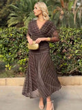 Elegant Retro Bohemian Style V-neck Mesh Print Maxi Dress