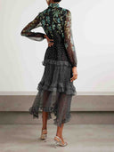 Exquisite Polka Dot Floral Print Ruffled Midi Dress