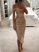 Elegant Sequin Off-Shoulder Asymmetric Party Midi Dress
