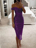 Elegant Sequin Off-Shoulder Asymmetric Party Midi Dress