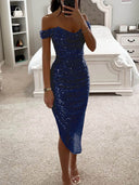 Elegant Sequin Off-Shoulder Asymmetric Party Midi Dress