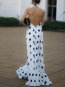 Elegant Polka Dot Backless Halter Evening Gown Maxi Dress