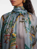 Delicate Floral Pleated Chiffon Blouse High-Waist Straight-Leg Pants Set