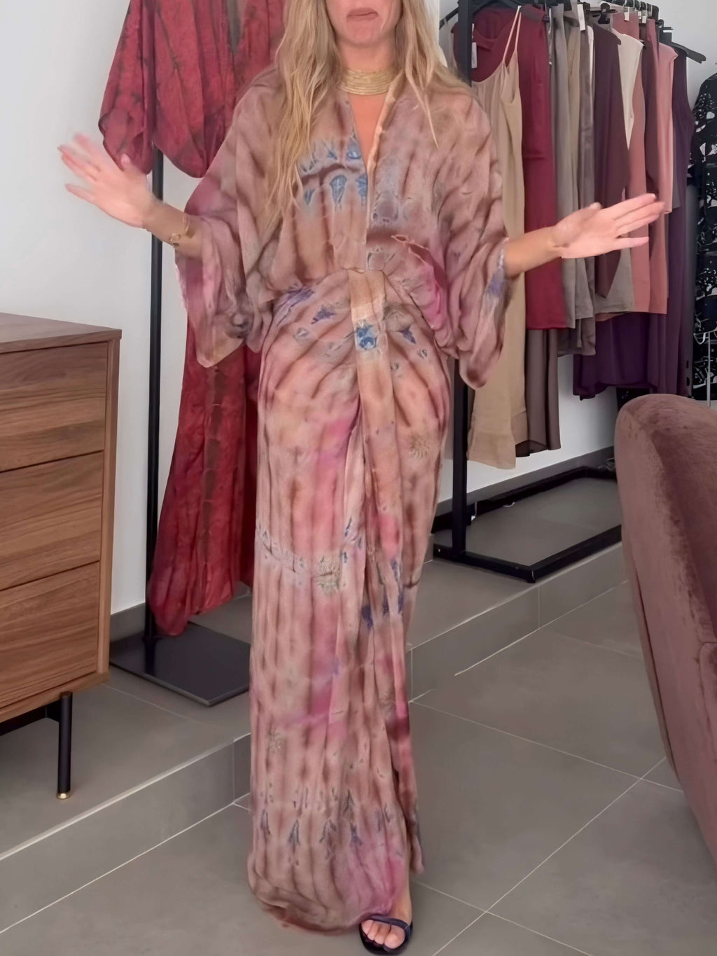 Bohemian Kimono-Inspired Tie-Dye Print Waist-Tie Maxi Dress