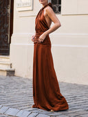 Elegant Low-waist Pleated Waist Satin Maxi Dress