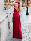Elegant Low-waist Pleated Waist Satin Maxi Dress