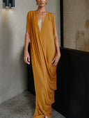 Elegant Retro Waist Printed Knitted Draped Maxi Dress