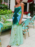 Unique Floral Print Color-block Pleated Maxi Dress