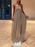 Metallic Pleated Off-The-Shoulder Maxi Dress