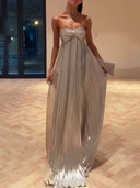 Metallic Pleated Off-The-Shoulder Maxi Dress