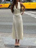Suit Collar Vest and Midi Pleated Skirt Sets