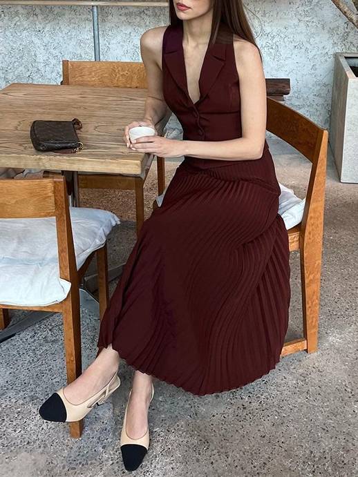 Suit Collar Vest and Midi Pleated Skirt Sets