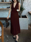 Suit Collar Vest and Midi Pleated Skirt Sets