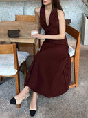 Suit Collar Vest and Midi Pleated Skirt Sets