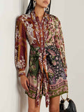 Retro Floral Print Tie Shirt Mini Dress