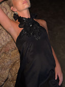 Retro Floral Crochet Satin Halter Backless Tie Maxi Dress