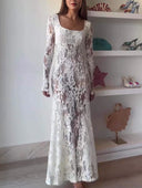 Exquisite Lace Square-neck Long-sleeved Maxi Dress
