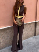Retro Round Neck Classic Contrast Color Flared Jumpsuit