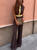 Retro Round Neck Classic Contrast Color Flared Jumpsuit