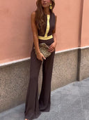 Retro Round Neck Classic Contrast Color Flared Jumpsuit