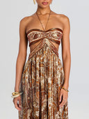 Elegant Hollow Print Halter Neck Backless Maxi Dress