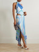 Unique Satin Printed Backless Tank Top Asymmetric Midi Skirt Set